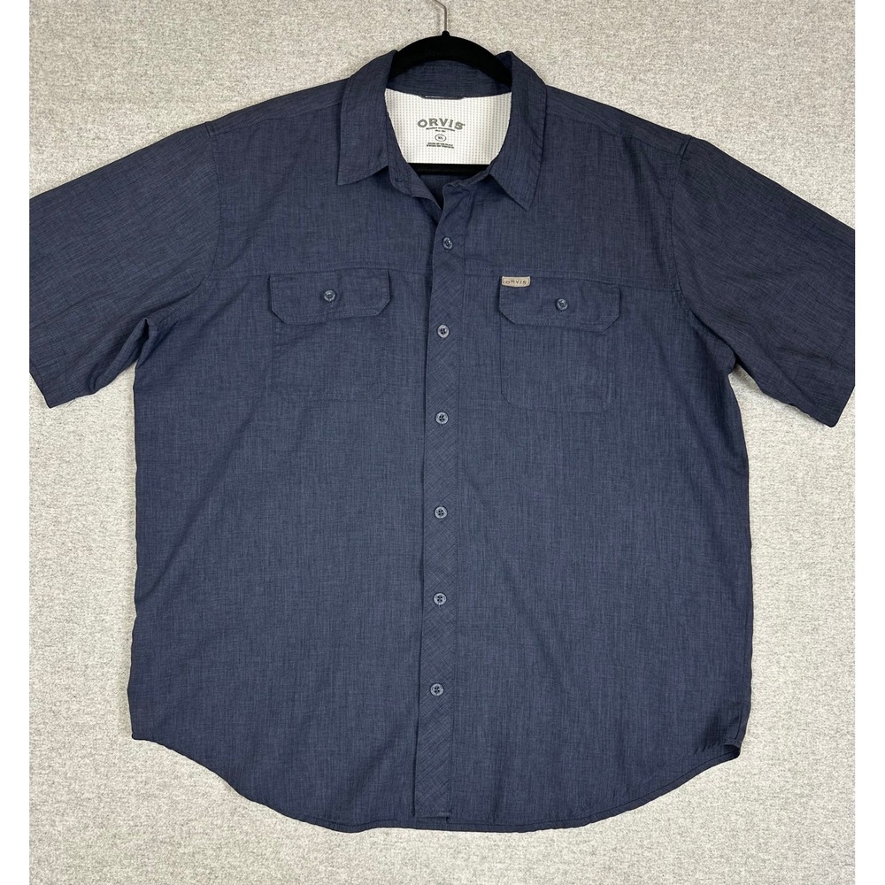 Orvis Classic Collection Mens XL Short Sleeve Button Up Shirt Navy Blue Heather